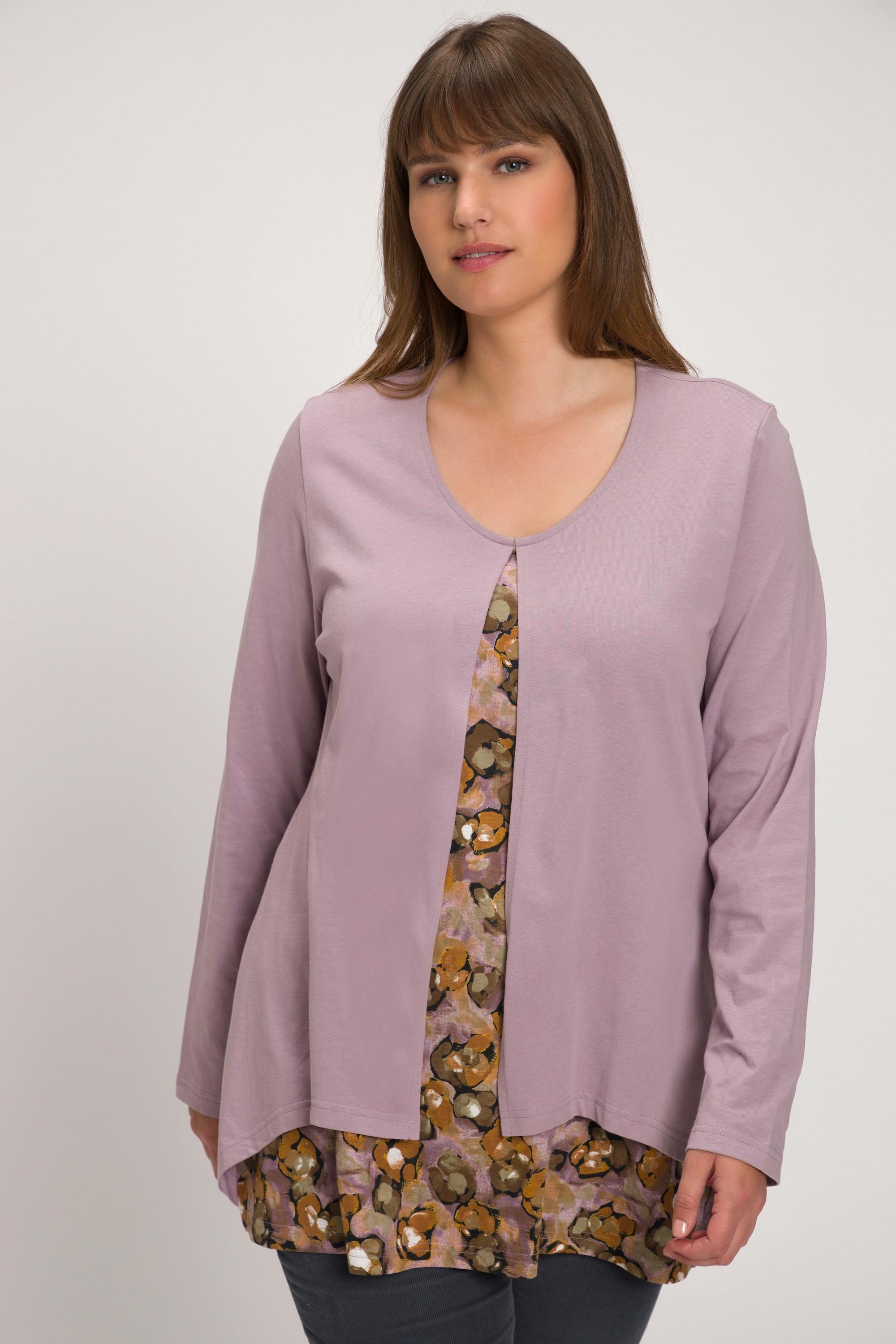 Ulla Popken  Shirt, Lagenlook, V-Ausschnitt, Langarm, Biobaumwolle 