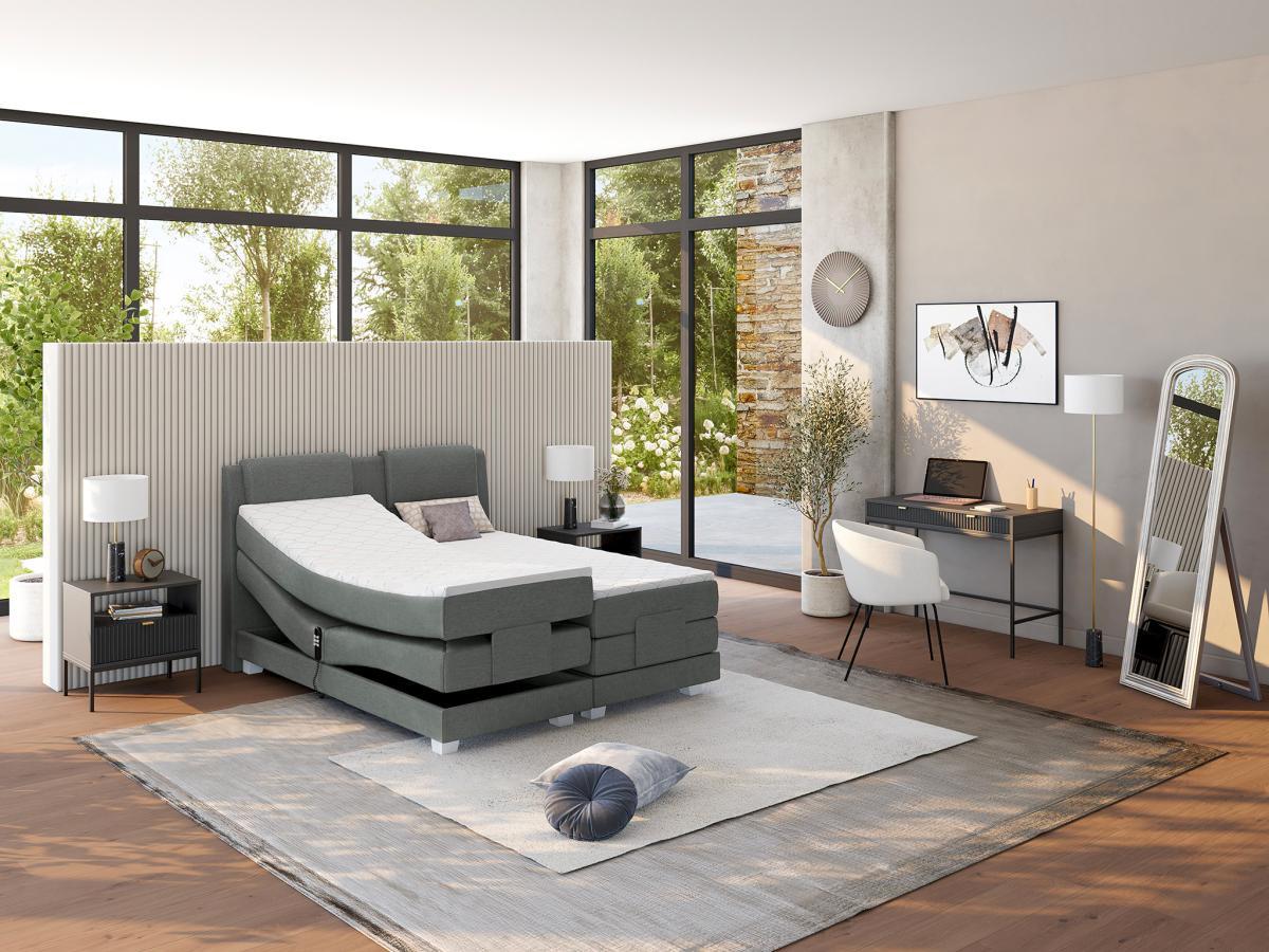 Vente-unique Set letto boxspring testata + reti relax elettriche + materasso + topper CASTEL di PALACIO - 2 x 90 x 200 cm - Tessuto grigio chiaro  