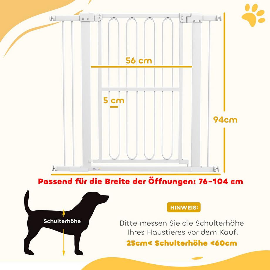 Northio  Türschutzgitter für Hunde, 76-104 cm Treppengitter ohne Bohren, schließbar Treppenschutzgitter, Schutzgitter für alle großen Hunde, Stahl, Weiß 