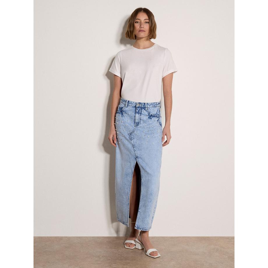 APRICOT Amara Jupe Midi en Denim Ornée de Perles  