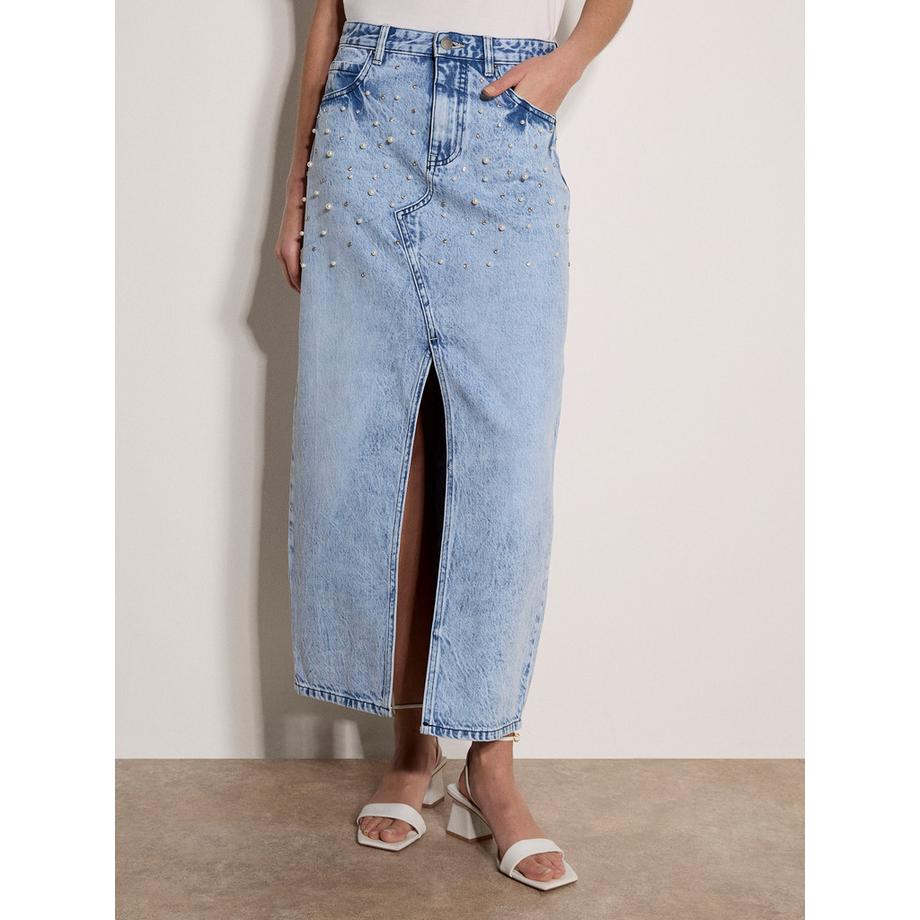 Jupe midi en denim ornée de perles Amara