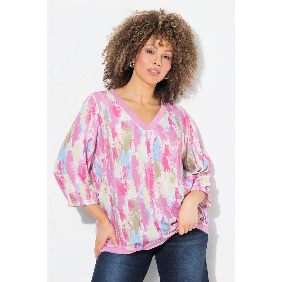 Ulla Popken Krepp Bluse Rippsaum V-Ausschnitt 3/4-Arm  