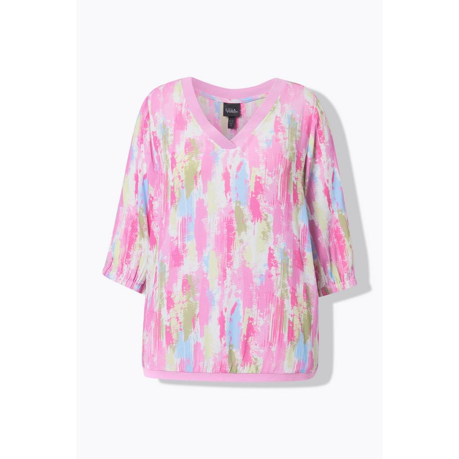 Ulla Popken Krepp Bluse Rippsaum V-Ausschnitt 3/4-Arm  