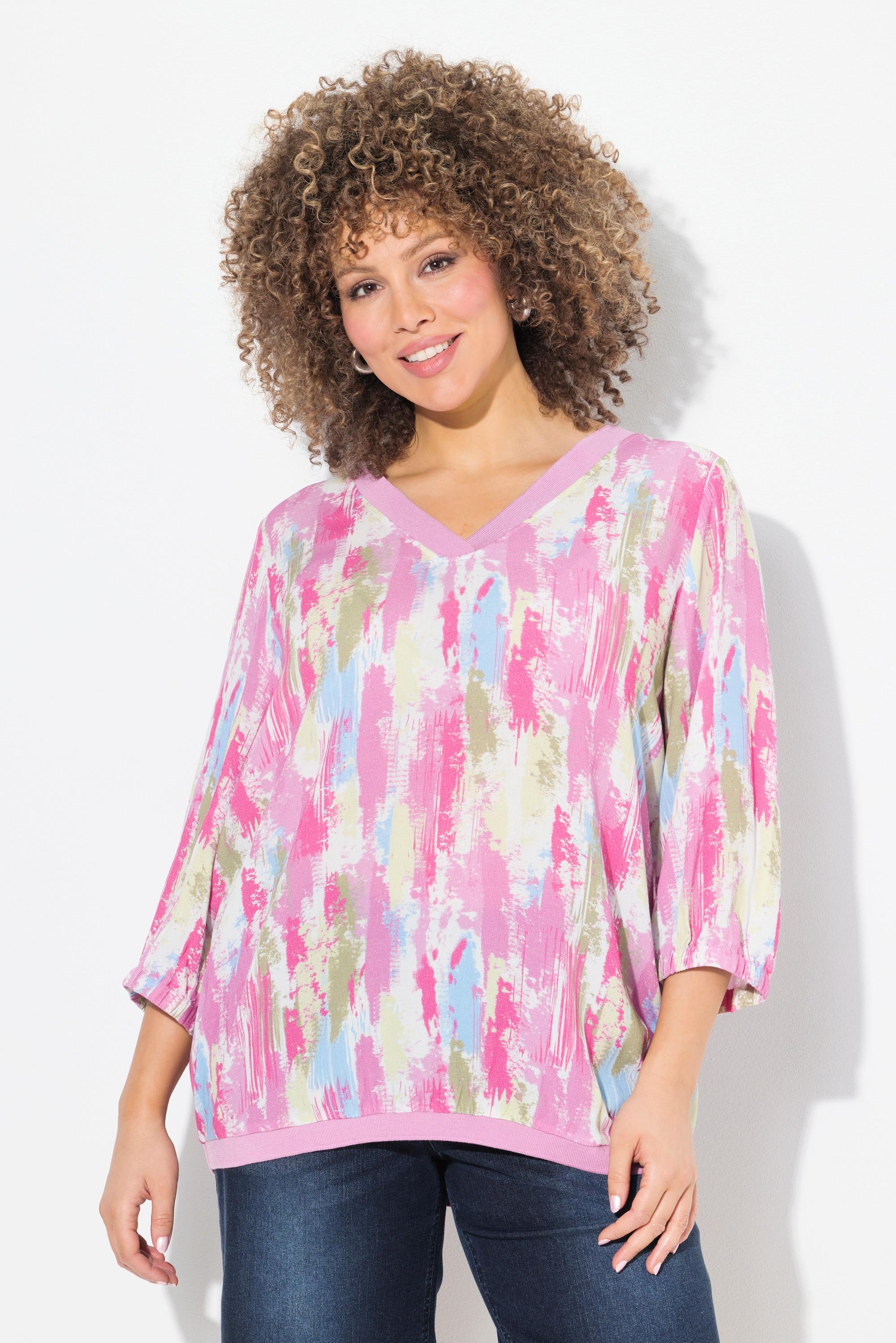 Ulla Popken Blusa Crêpe Orlo a Costine Scollo a V Maniche 3/4  