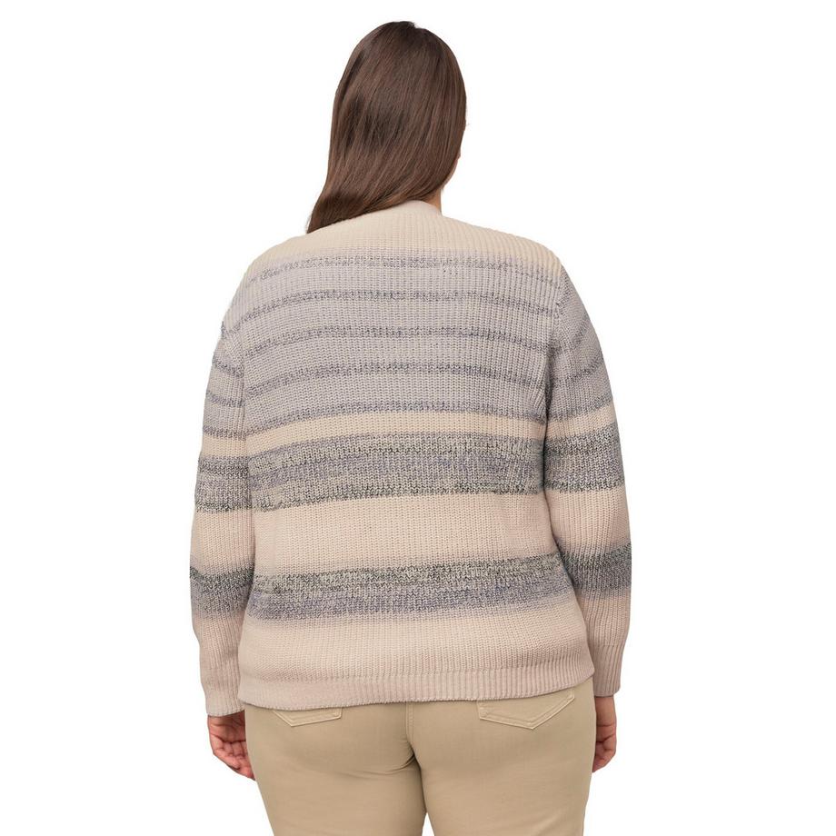 Ulla Popken Cardigan Rigato in Maglia a Costa Inglese Scollo a V  