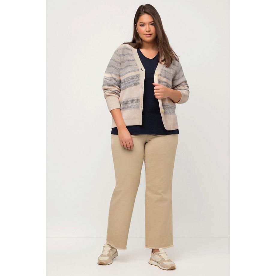 Ulla Popken Cardigan Rigato in Maglia a Costa Inglese Scollo a V  