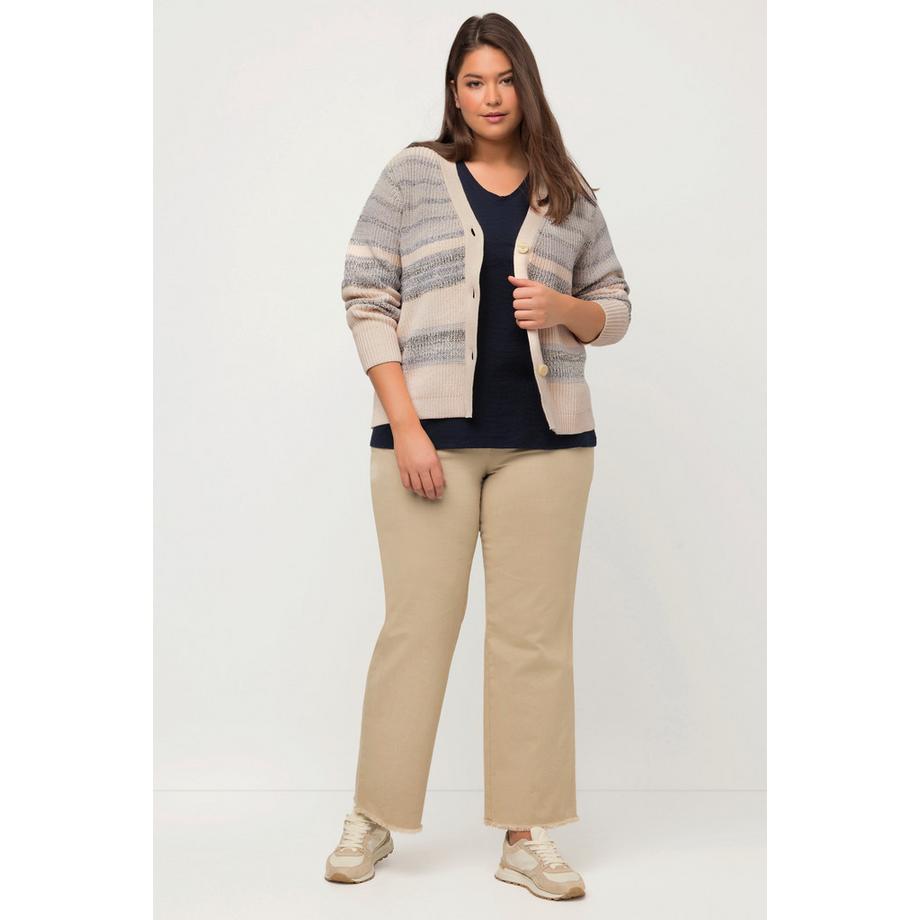 Ulla Popken Cardigan Rigato in Maglia a Costa Inglese Scollo a V  