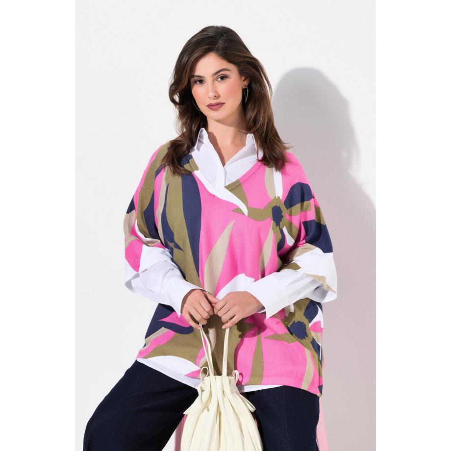Ulla Popken Pull Oversize Fleurs Col V Manches 3/4  