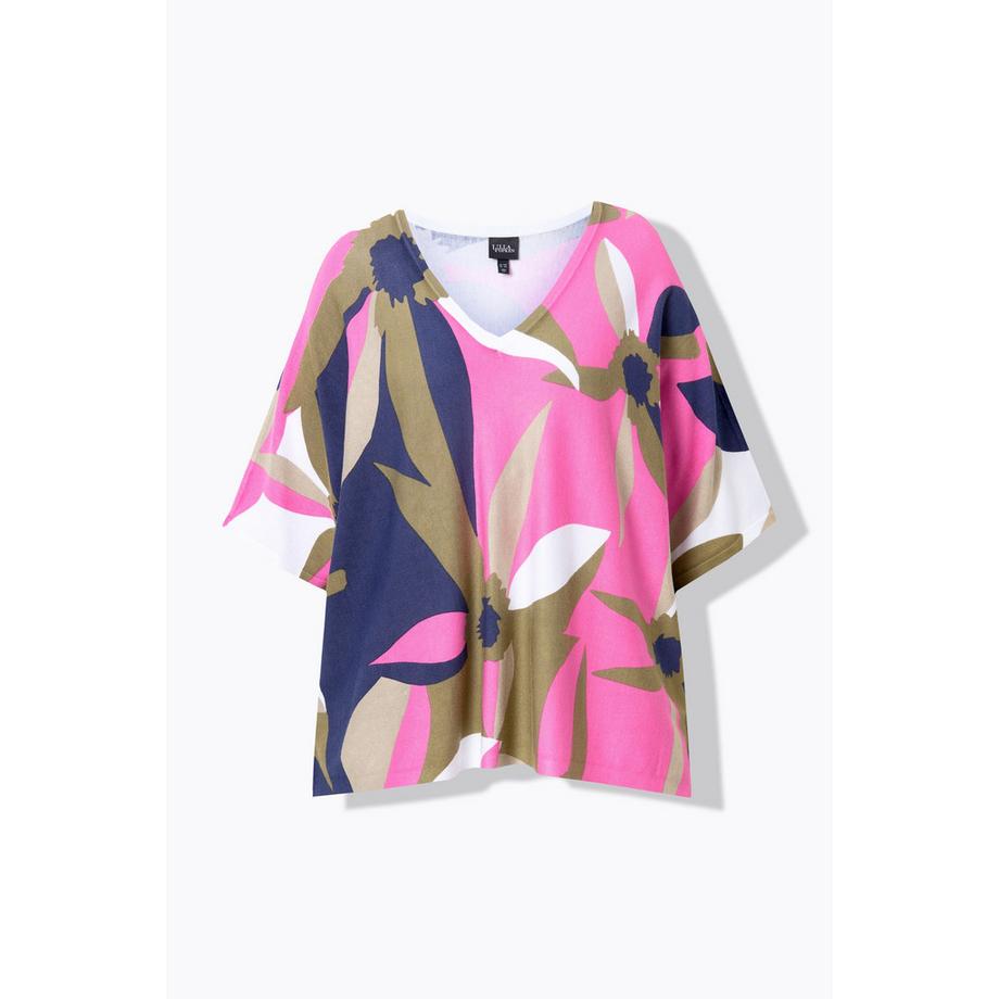 Ulla Popken Pull Oversize Fleurs Col V Manches 3/4  