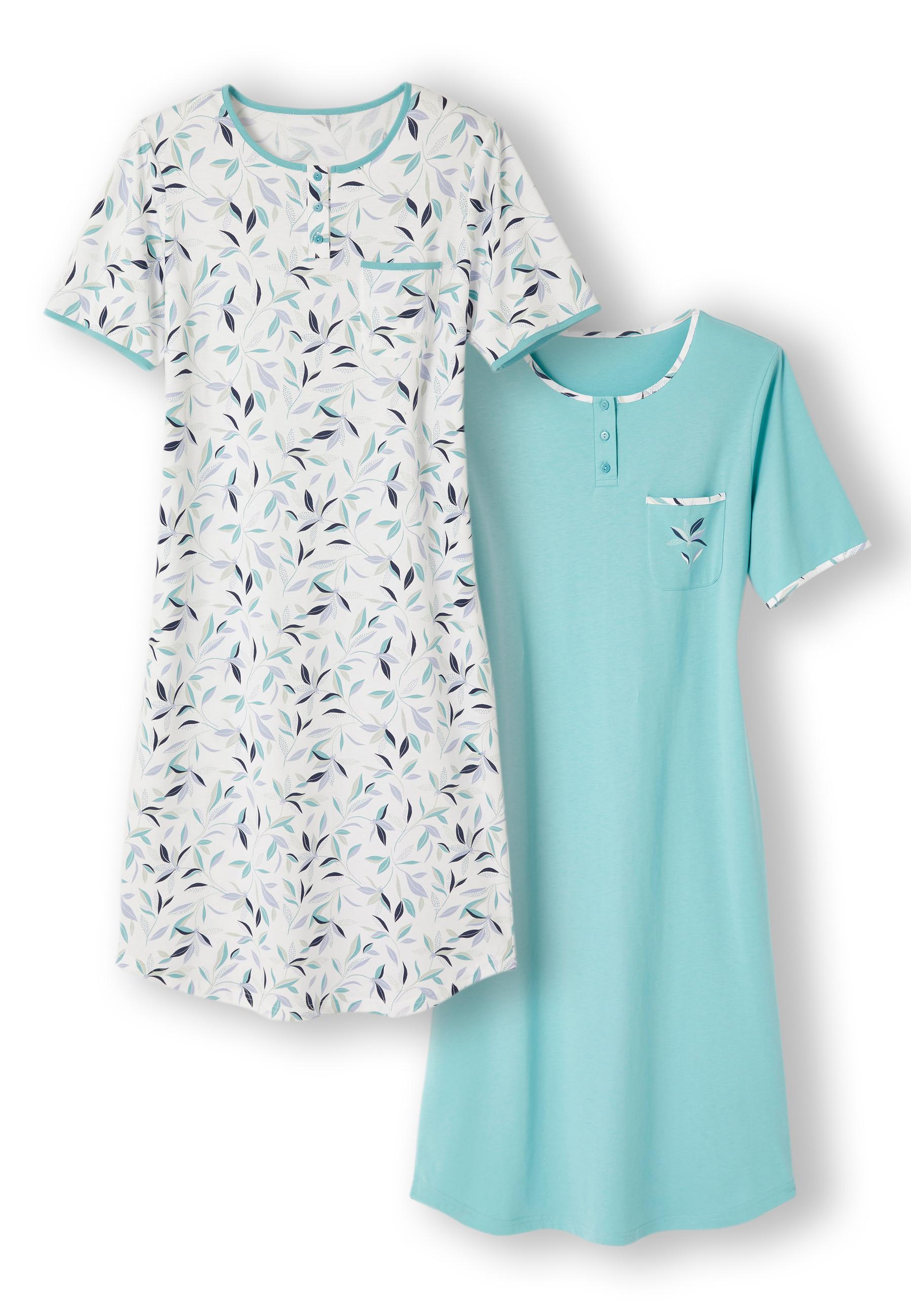 Image of 2er-pack Nachthemden Aus Gekämmter Baumwolle, Mit Abgerundetem Saum. Damen Blau 42/44