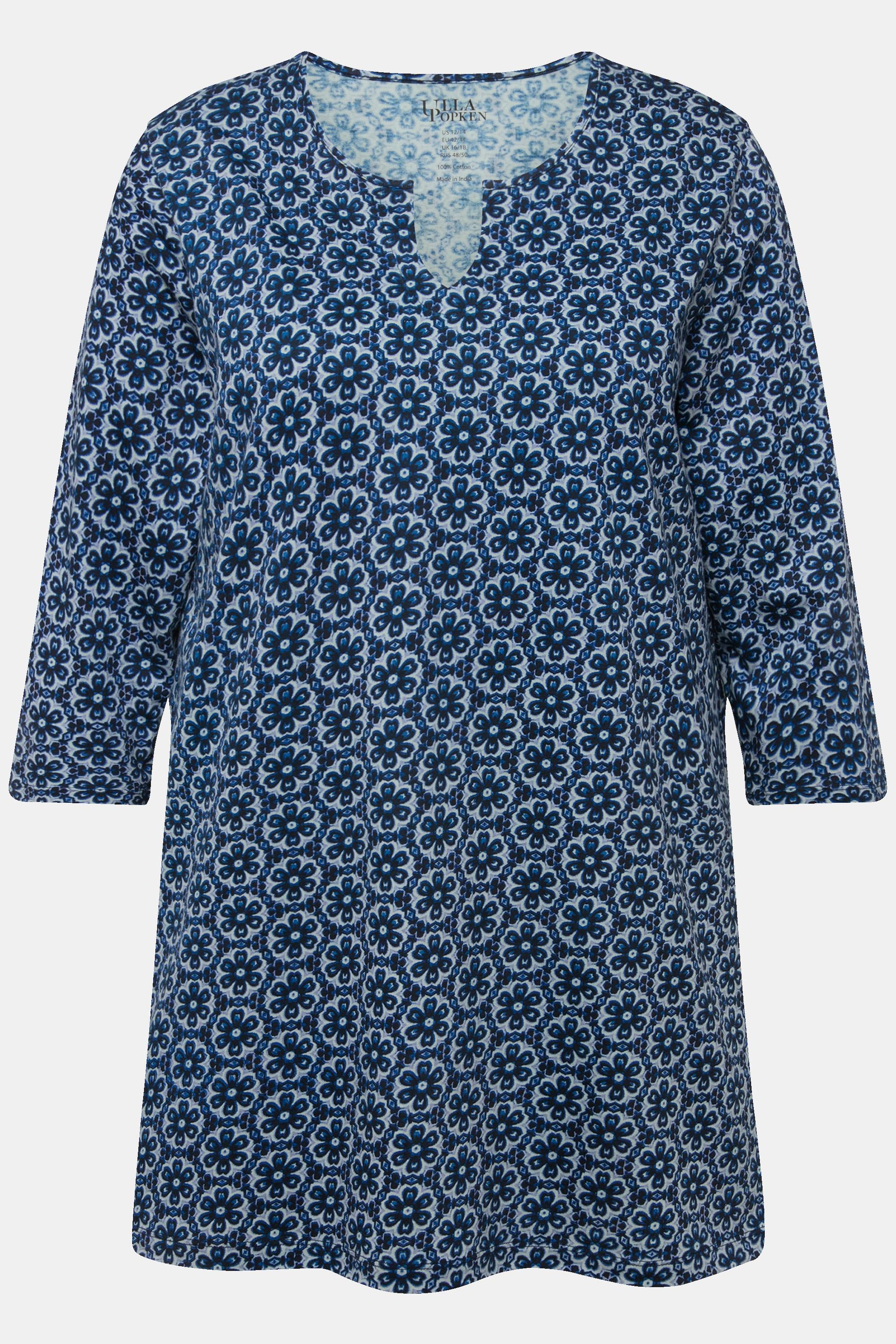 Ulla Popken  Longshirt, Blüten, Tunika-Ausschnitt, 3/4-Arm 