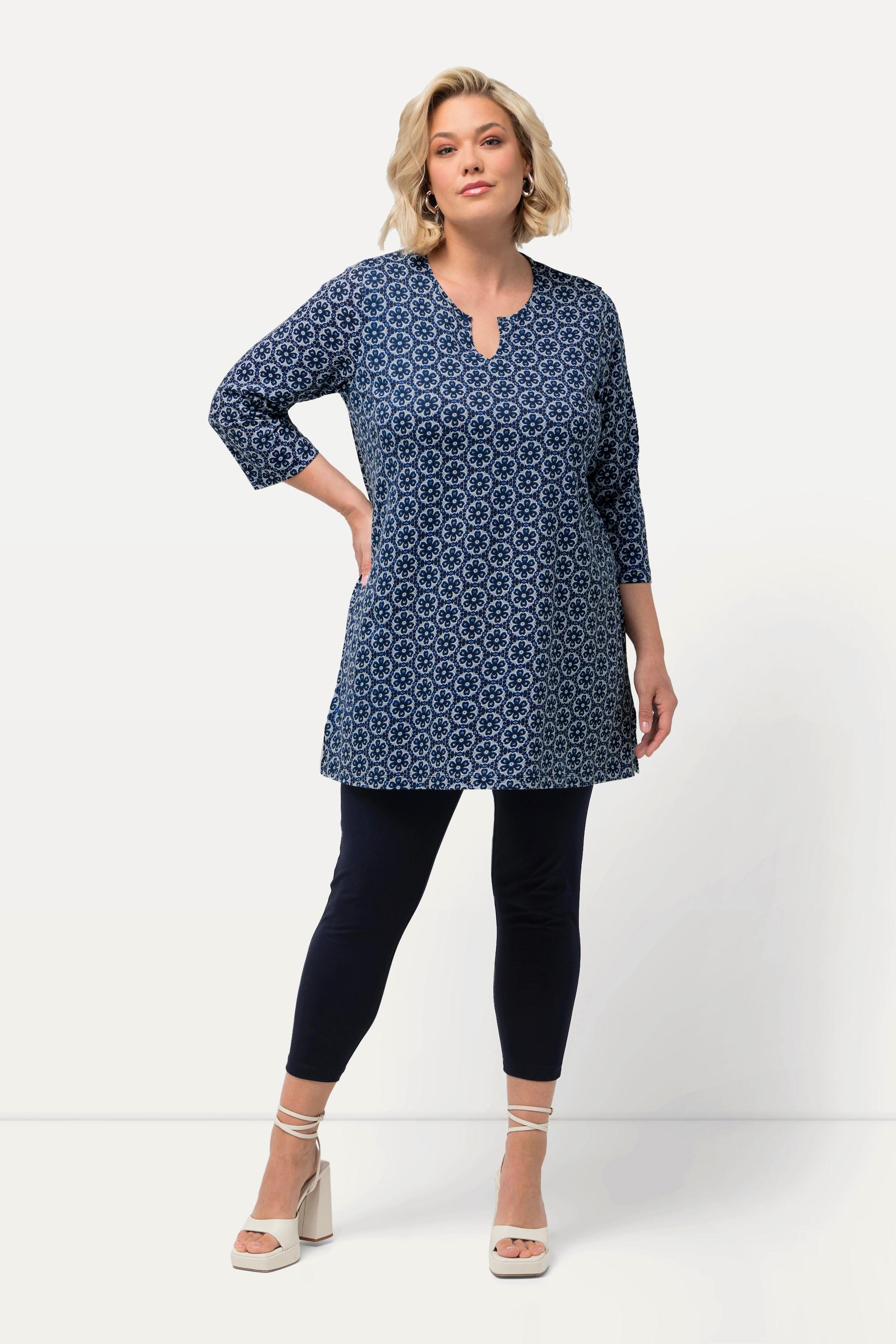 Ulla Popken  Longshirt, Blüten, Tunika-Ausschnitt, 3/4-Arm 