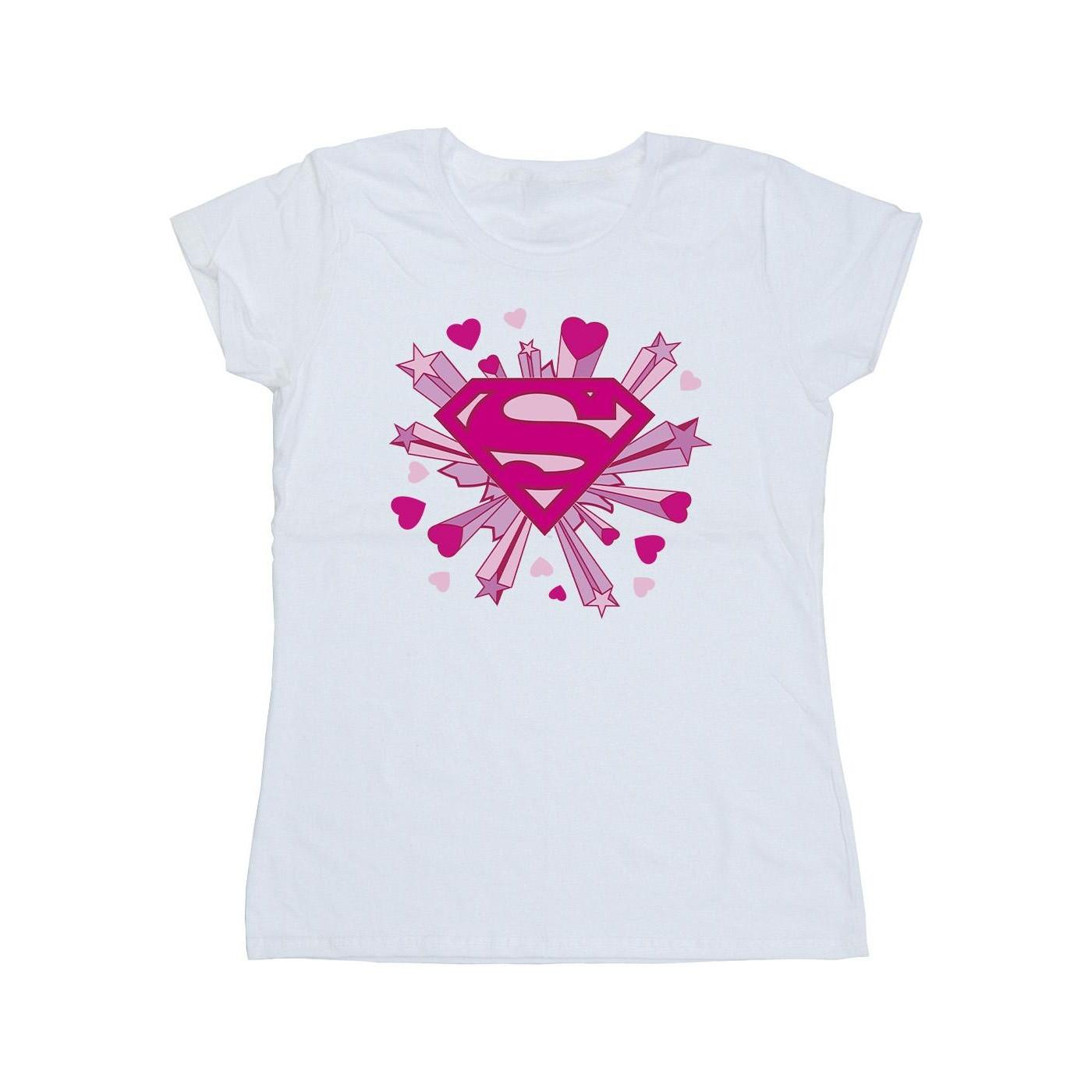 Image of Superman Pink Hearts And Stars Logo Tshirt Damen Weiss L