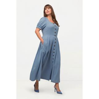 Ulla Popken  Abito midi con tencel, effetto jeans, scollo a girocollo e mezze maniche a sbuffo 