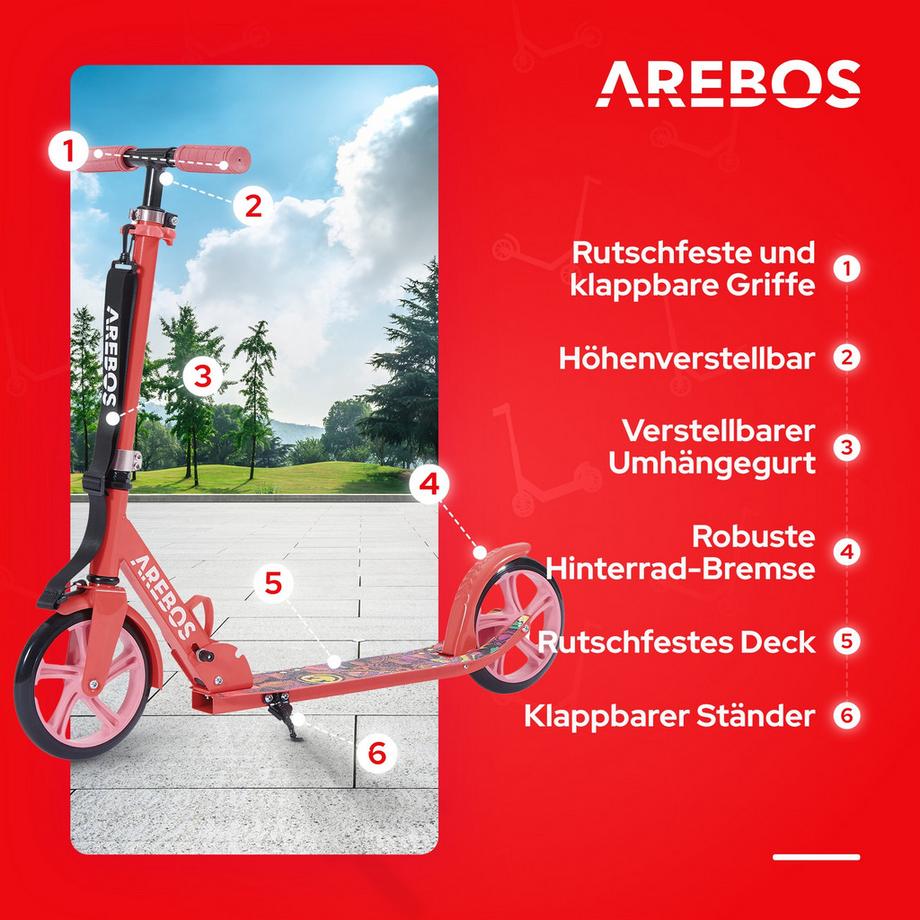 Arebos  Monopattino a spinta Monopattino per bambini Monopattino per adulti Rosso 