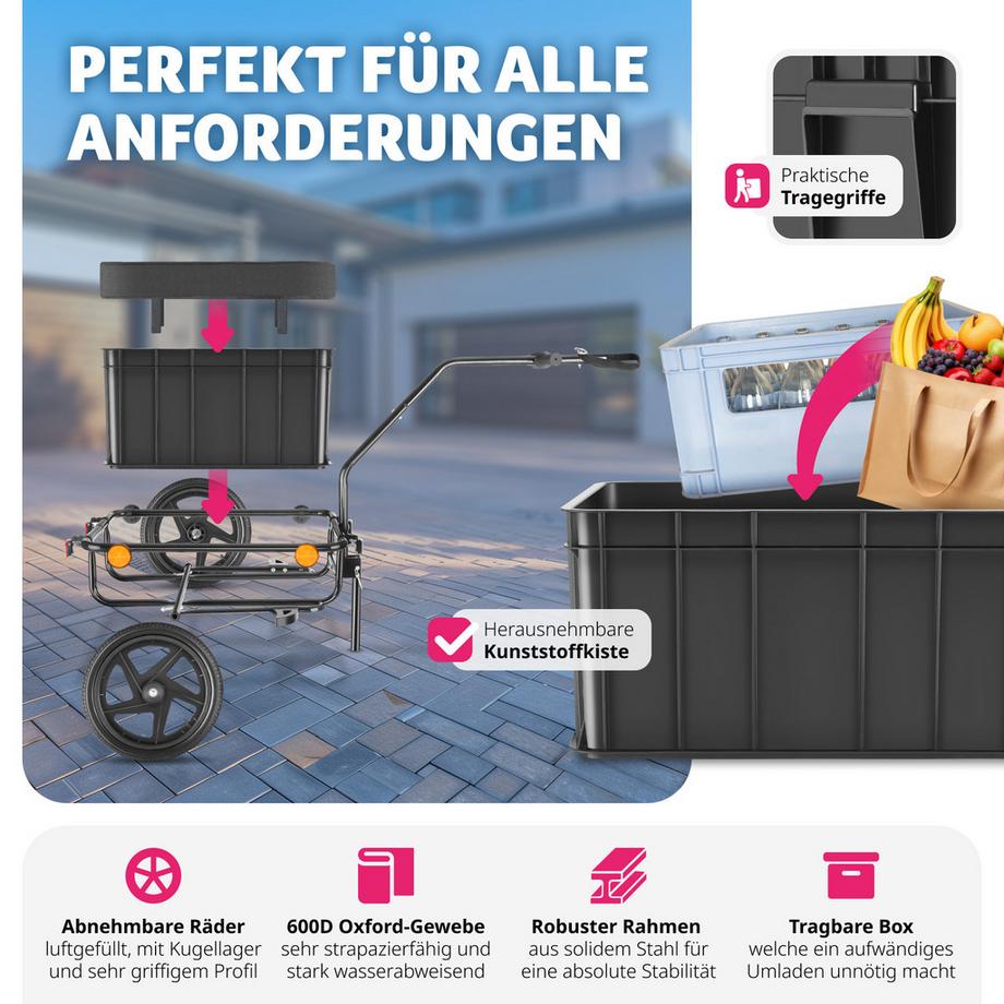 Tectake  Fahrradanhänger CargoXpress 2 in 1 multifunktional Stahlrohrrahmen, herausnehmbare Kiste 