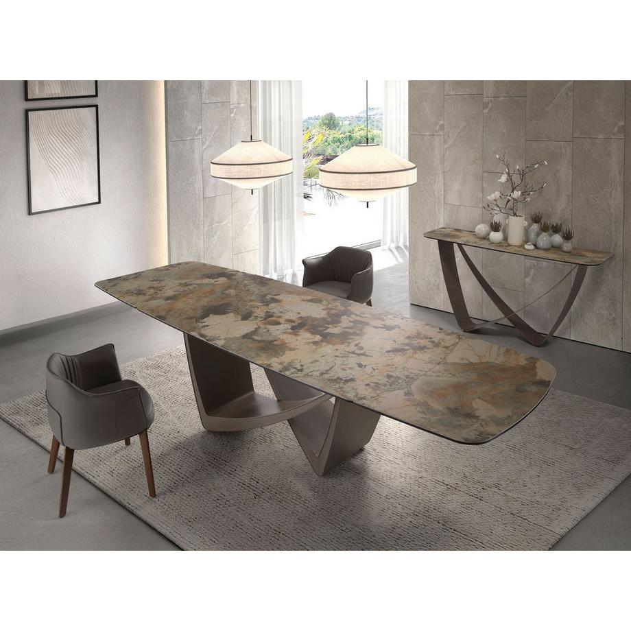 ANGEL CERDA Table de salle à manger à rallonge ovale tonneau marbre porcelaine et acier taupe métallisé  