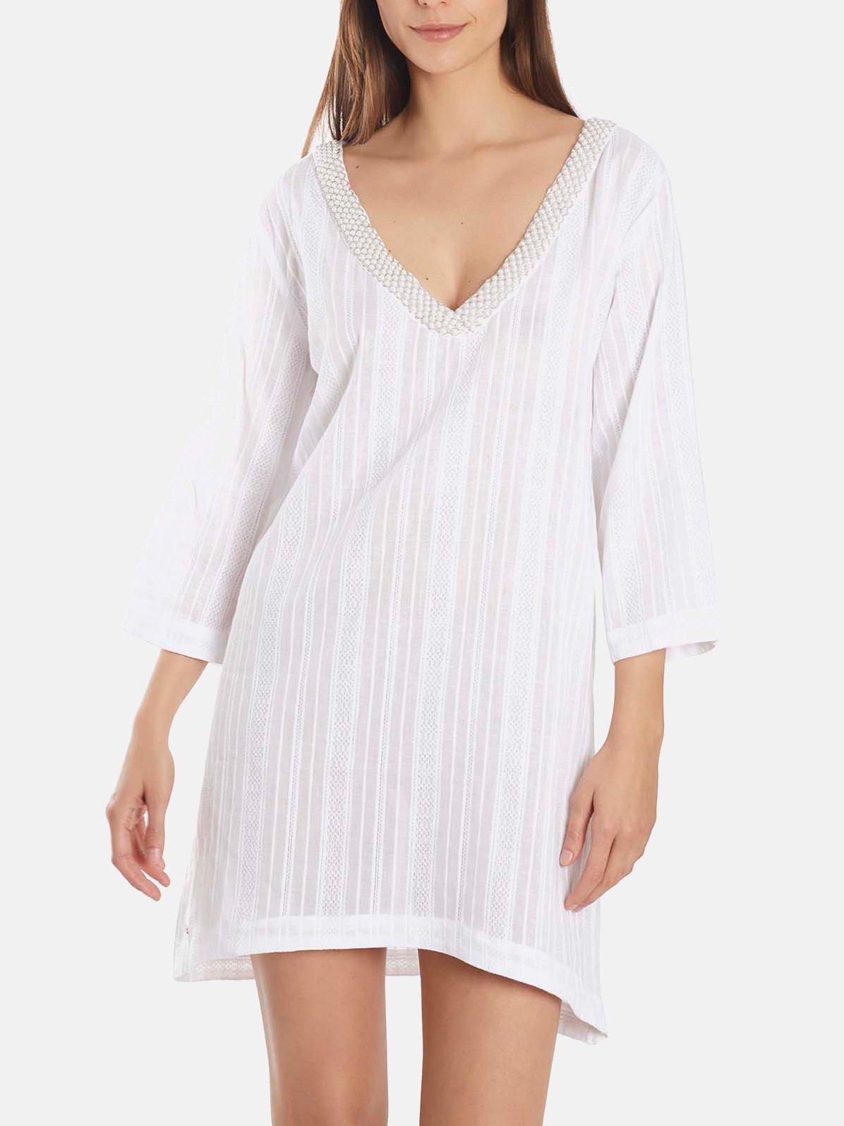 Image of Strandkaftan Mit Dreiviertel Ärmeln Und Perlen Damen Weiss XL