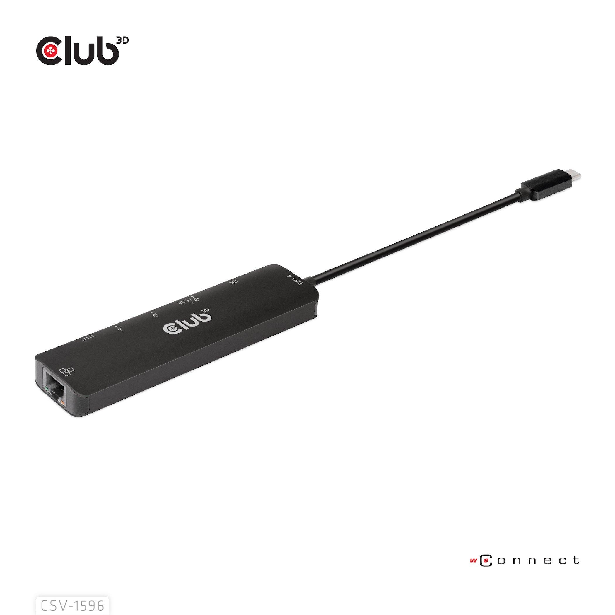 Club3D  USB Gen1 Type-C, 6-in-1 Hub with HDMI 8K30Hz, 2xUSB Type-A, RJ45 and 2xUSB Type-C, Data and PD charging 100 watt 