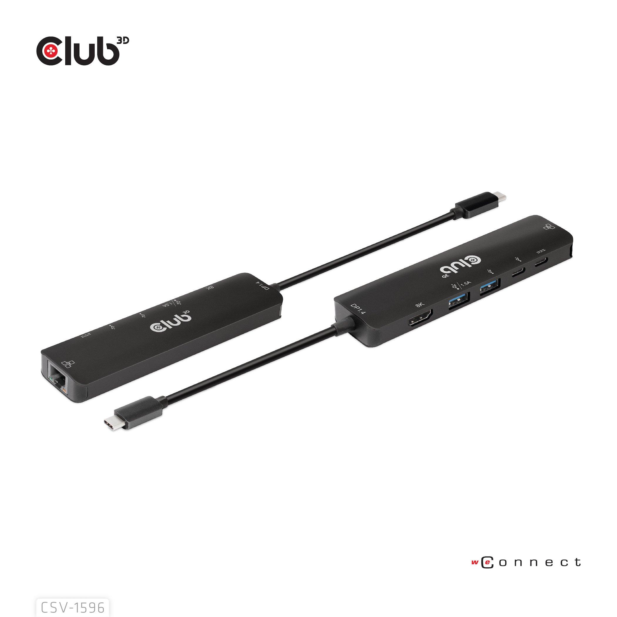 Club3D  USB Gen1 Type-C, 6-in-1 Hub with HDMI 8K30Hz, 2xUSB Type-A, RJ45 and 2xUSB Type-C, Data and PD charging 100 watt 