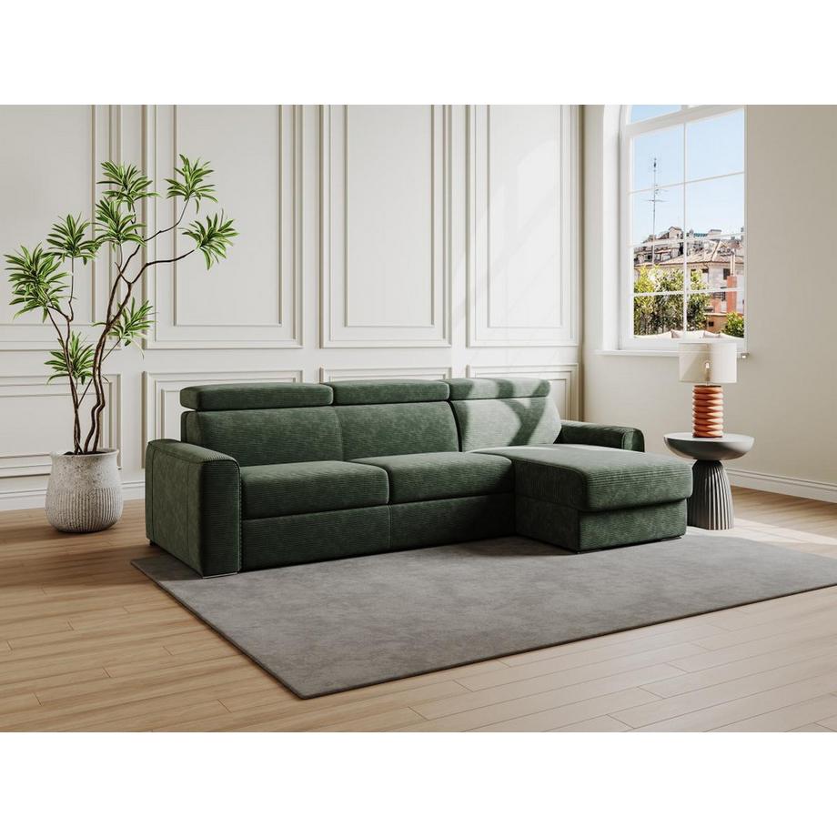 Vente-unique Canapé d'angle réversible convertible express en velours côtelé vert - Couchage à lattes larges 140 cm - Matelas 18 cm - VIZIR  
