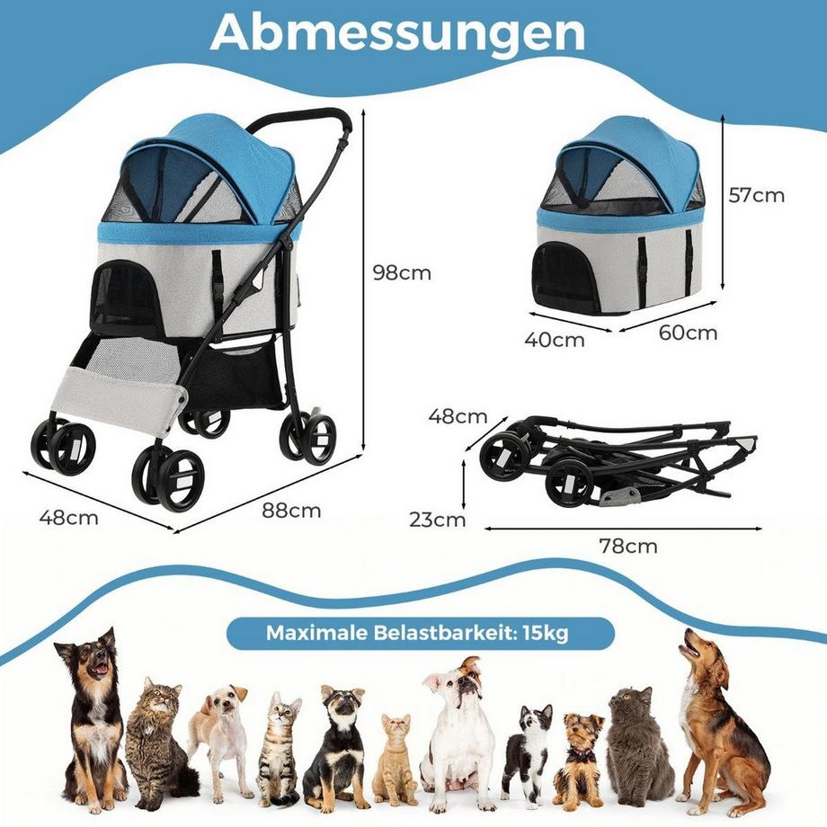 Northix  Poussette pour animaux 3 en 1, pliable 