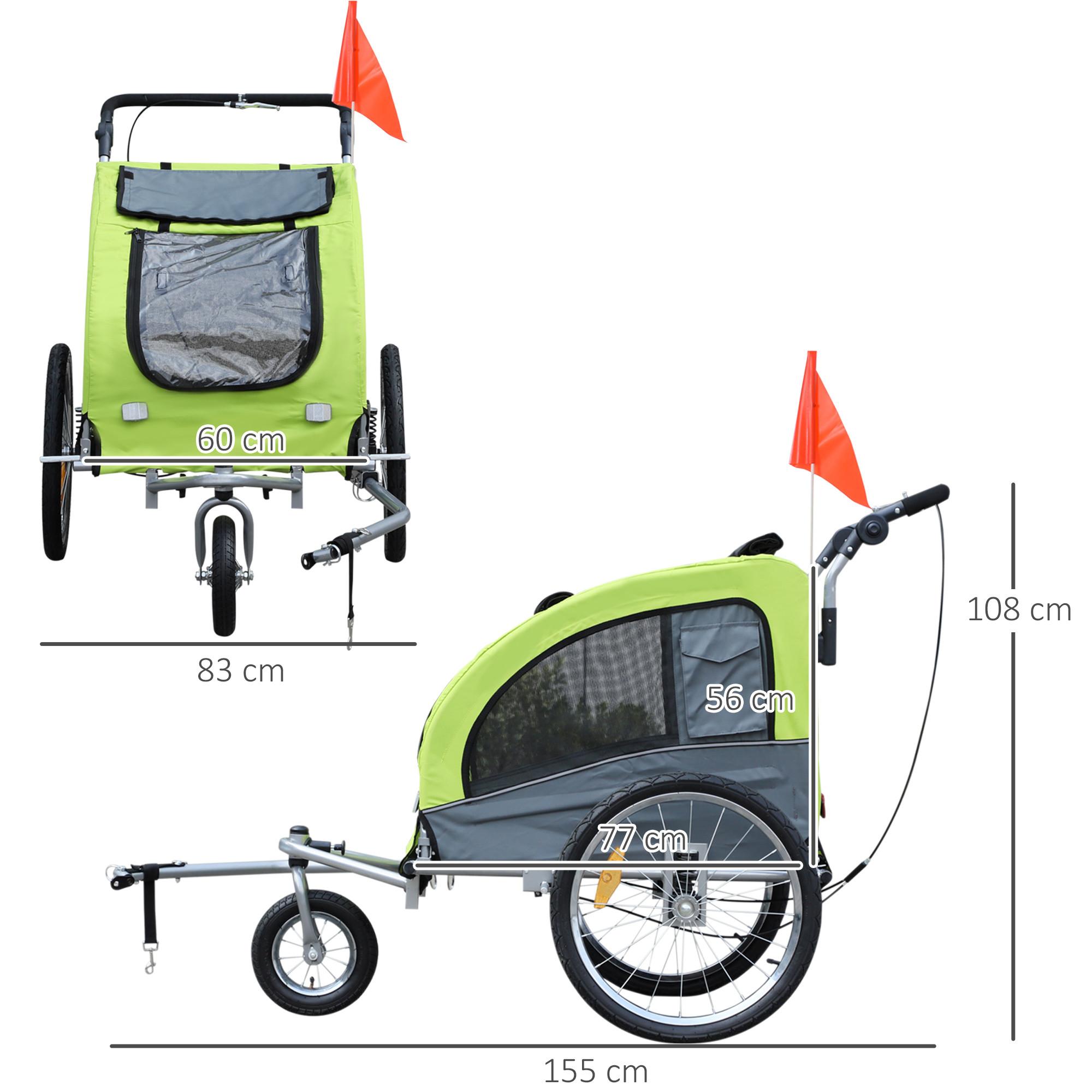 PawHut  Dog Trailer Jogger Rimorchio Da Bicicletta Per Cani, Grande E Stabile, Con Bandiera Di Sicurezza, Verde+Grigio, 155X83X108Cm 