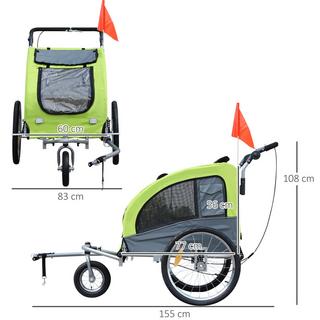 PawHut  Dog Trailer Jogger Rimorchio Da Bicicletta Per Cani, Grande E Stabile, Con Bandiera Di Sicurezza, Verde+Grigio, 155X83X108Cm 