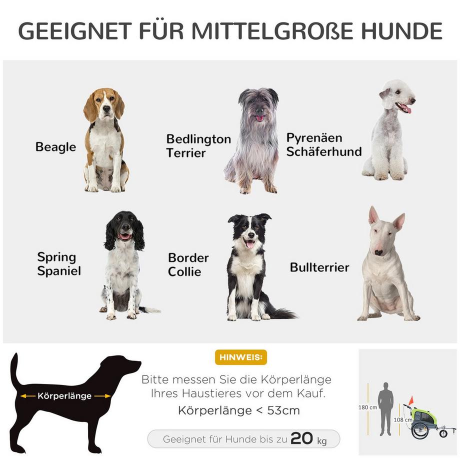 Northio  Hundeanhänger Jogger Fahrradanhänger Für Hunde, Groß & Stabil, Mit Sicherheitsfahne, Grün+Grau, 155X83X108Cm 