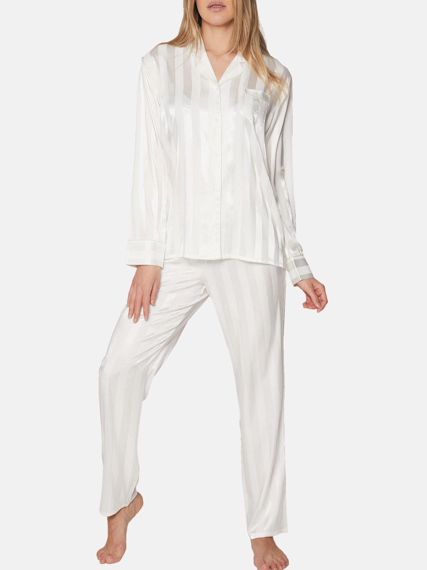 Image of Pyjamas Für Drinnen Hemd Und Hose Satin Stripes Damen Elfenbein XXL