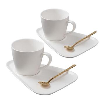 Set mit 2 Tassen, Untertassen und Teelöffeln – Weiß