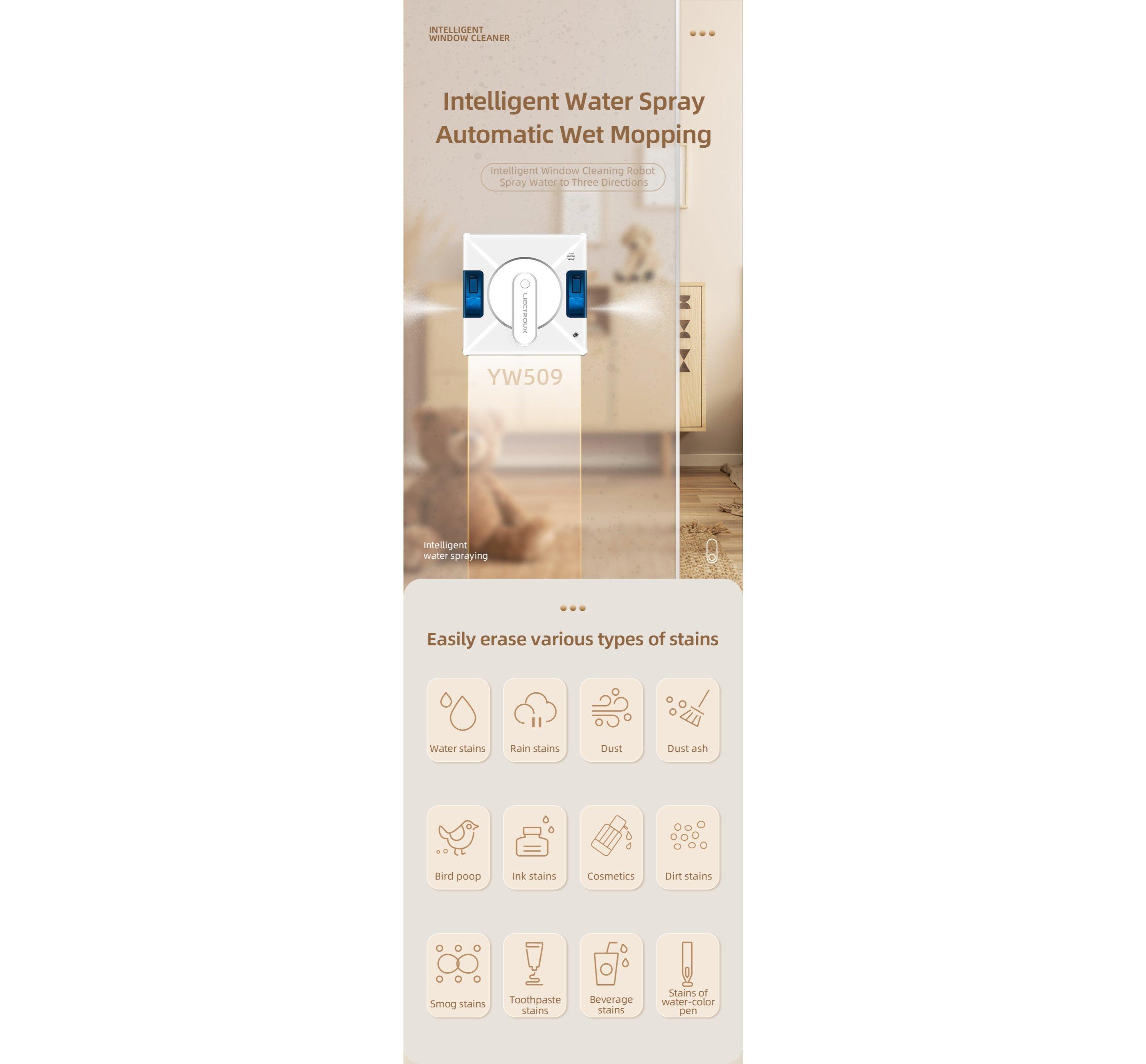 Blue Chilli YW509 Fensterputzroboter mit doppelseitigem Wassersprühen, 3000 PA, 3 automatische Reinigungsmodi  