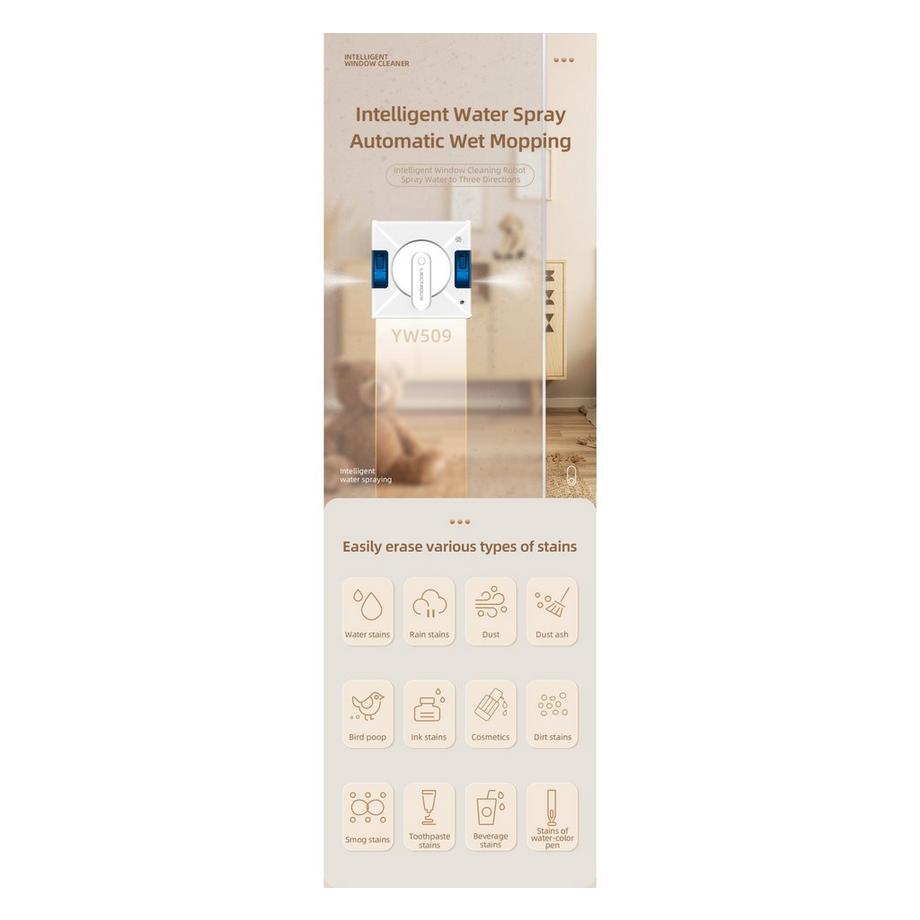 Blue Chilli YW509 Fensterputzroboter mit doppelseitigem Wassersprühen, 3000 PA, 3 automatische Reinigungsmodi  