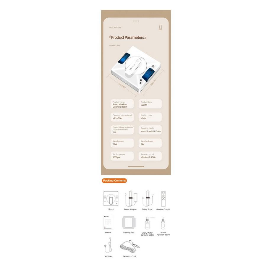 Blue Chilli YW509 Fensterputzroboter mit doppelseitigem Wassersprühen, 3000 PA, 3 automatische Reinigungsmodi  