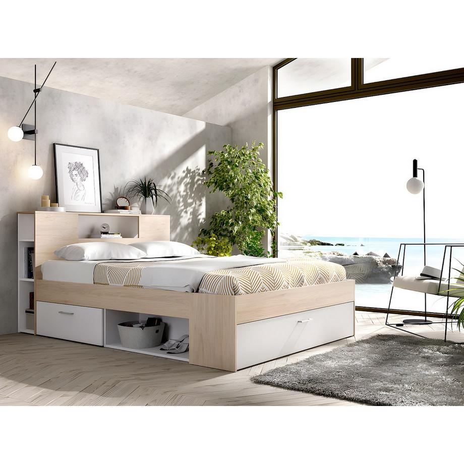 Vente-unique Letto con testata con vani portaoggetti e cassetti 140 x 190 cm: Naturale e Bianco + Rete + Materasso LEANDRE  