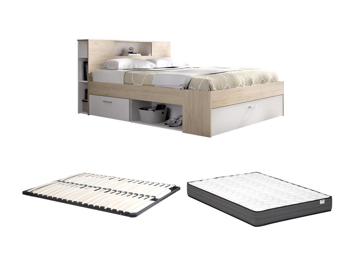 Vente-unique Letto con testata con vani portaoggetti e cassetti 140 x 190 cm: Naturale e Bianco + Rete + Materasso LEANDRE  