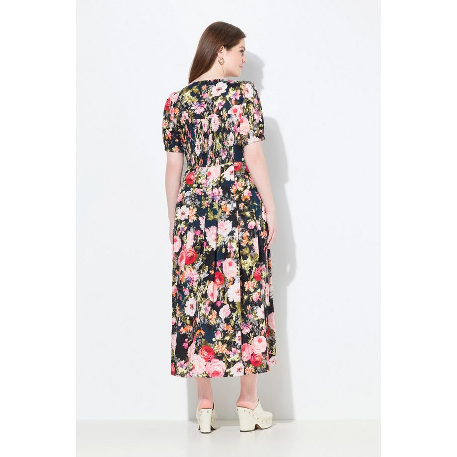 Ulla Popken Robe Maxi Lin Mélangé Fleurs Col Rond Manches Courtes  