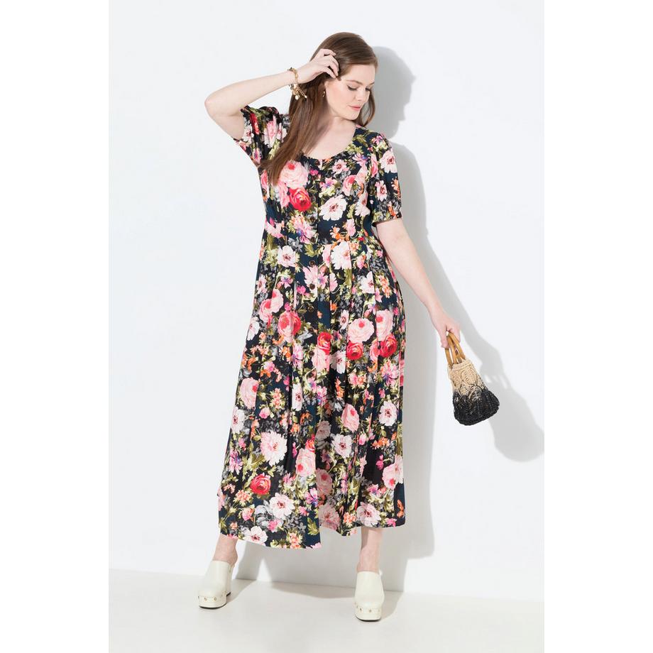 Ulla Popken Robe Maxi Lin Mélangé Fleurs Col Rond Manches Courtes  