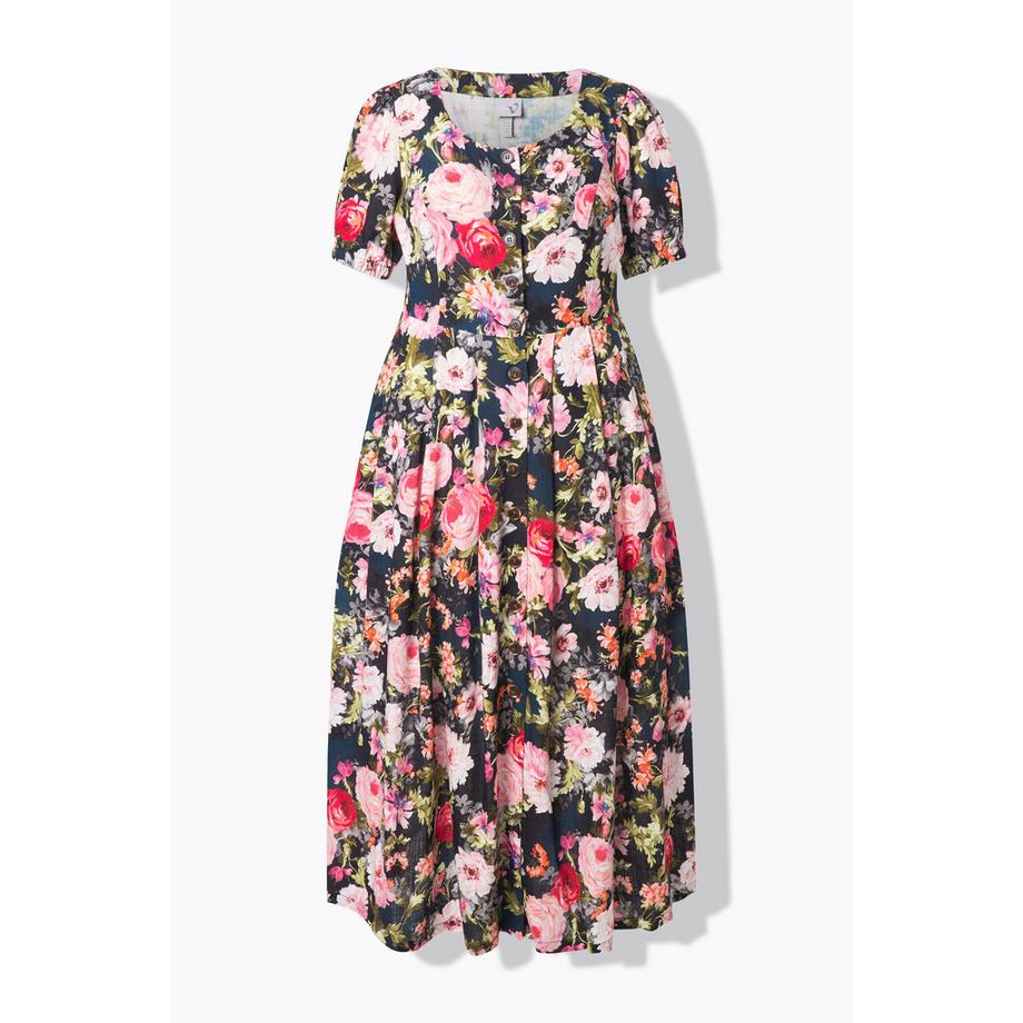 Ulla Popken Robe Maxi Lin Mélangé Fleurs Col Rond Manches Courtes  