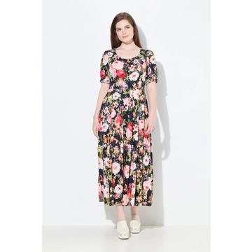 Robe maxi à fleurs, décolleté rond et manches courtes, lin mélangé