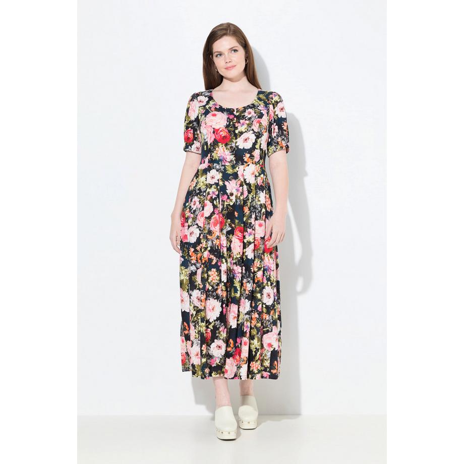 Ulla Popken Robe Maxi Lin Mélangé Fleurs Col Rond Manches Courtes  