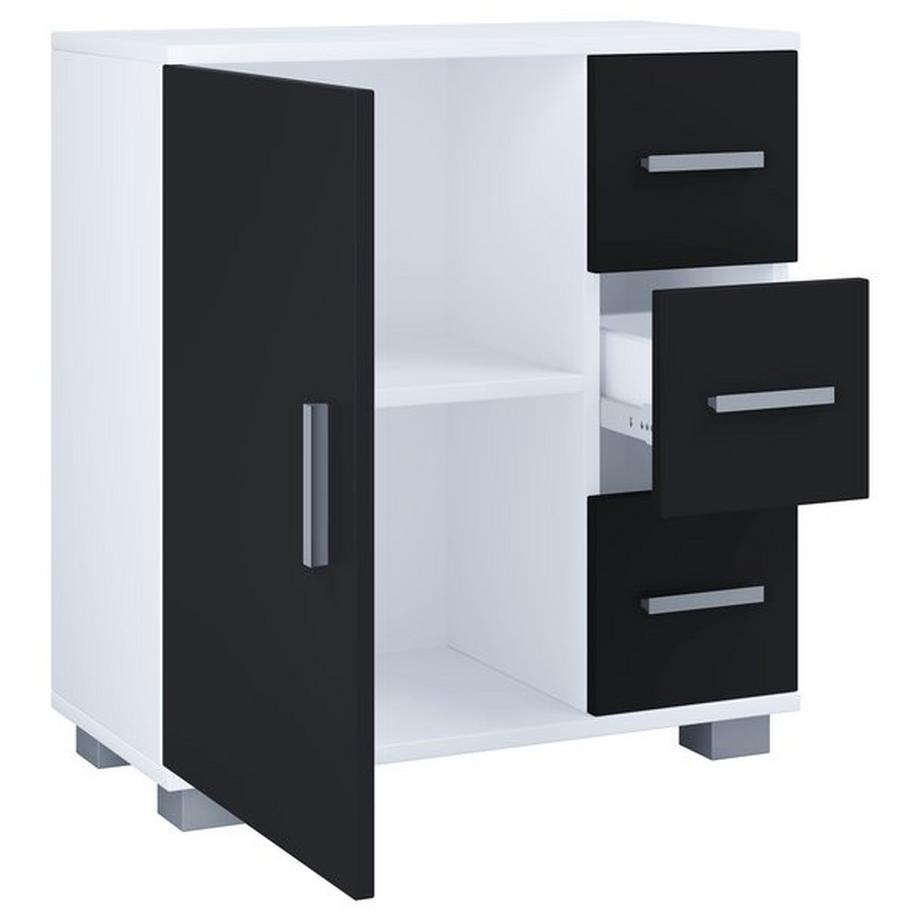 Holz Midischrank | Badschrank | Maße: H. 65 x B. 60 x T. 30 cm | 3 Schubladen | 1 große Drehtür | 2 Fächer.- Zalo XL