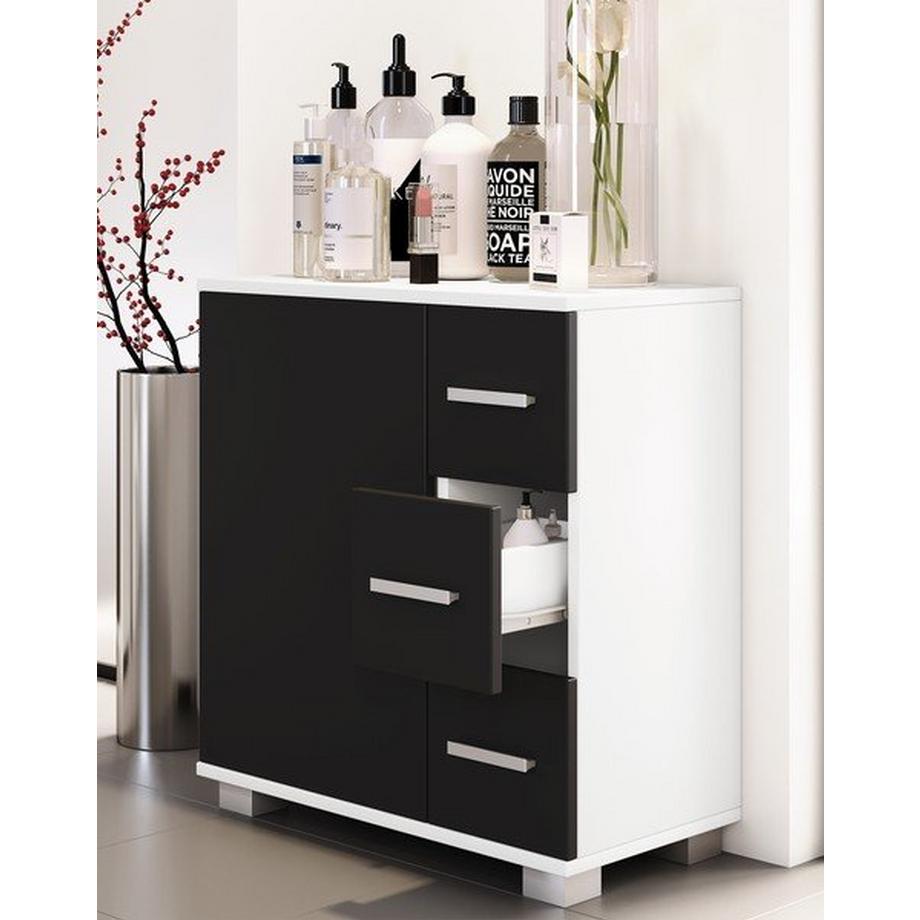 VCM Holz Midischrank | Badschrank | Maße: H. 65 x B. 60 x T. 30 cm | 3 Schubladen | 1 große Drehtür | 2 Fächer.- Zalo XL  