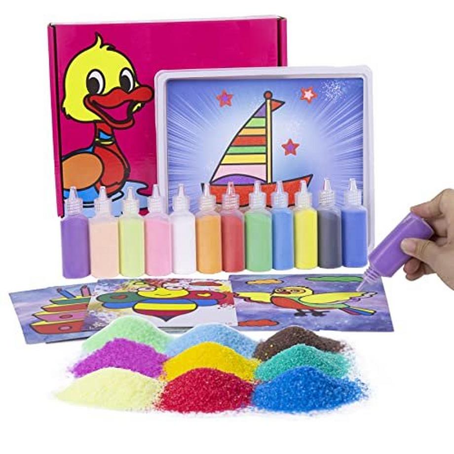 Activity-board  Cartes de peinture sur sable, Kit de coloriage artistique pour enfants, bricolage en papier avec 12 bouteilles de sable à colorier pour enfants 
