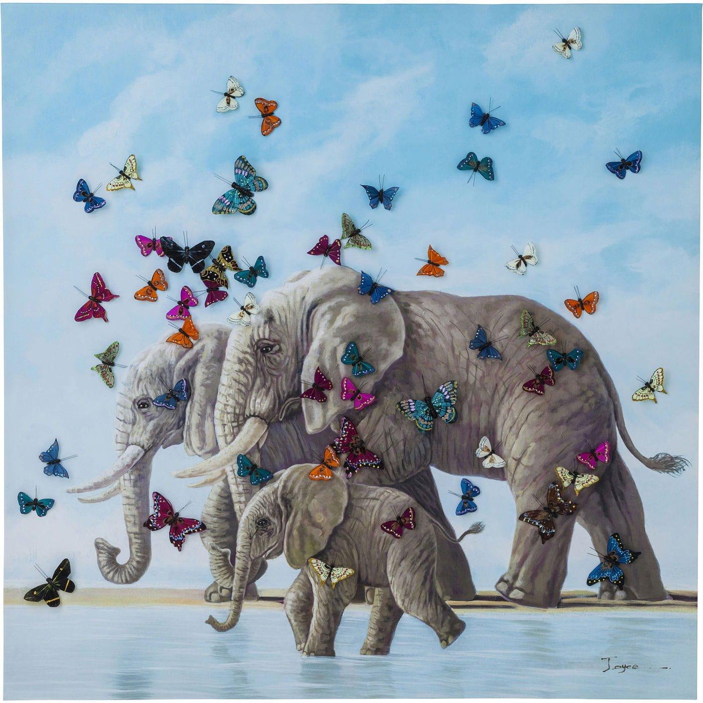 Image of Bild Touched Elefants with Butterflys 120x120cm Bild Touched Elefants with Butterflys 120x120cm
