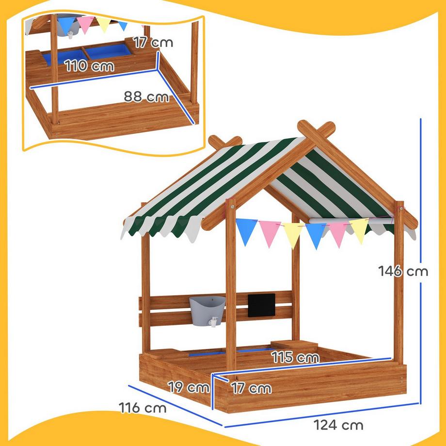 Northio  Sabbiera con tetto, sabbiera in legno con sedile, casetta da gioco, sabbiera 124 x 116 x 146 cm con tavola per bambini da 3 a 7 anni, giardino, arancione Aosom 
