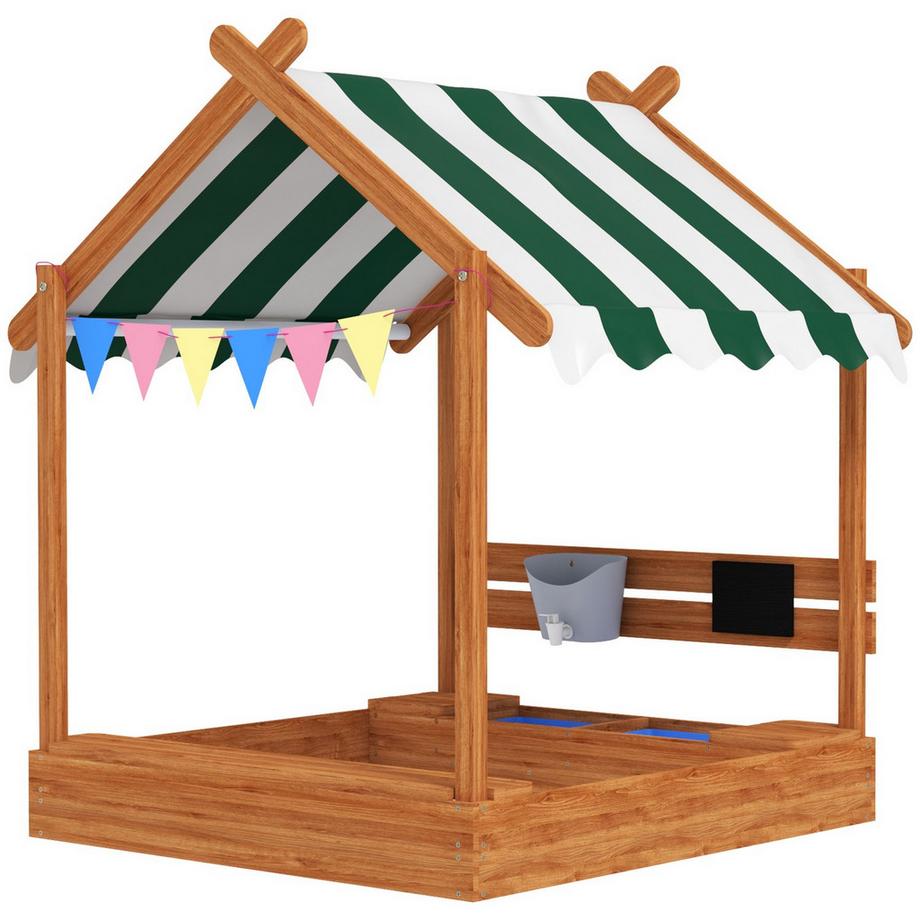 Sabbiera con tetto, sabbiera in legno con sedile, casetta da gioco, sabbiera 124 x 116 x 146 cm con tavola per bambini da 3 a 7 anni, giardino, arancione Aosom