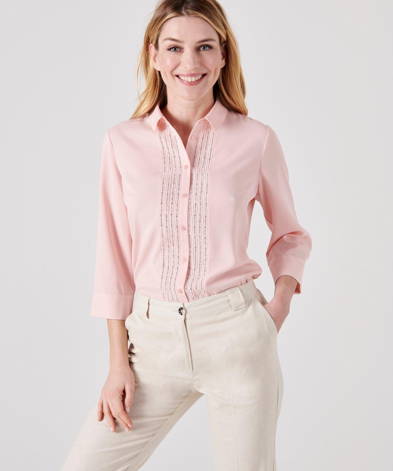 Image of Modische Bluse Mit Hohlsaumstickerei. Damen Rosa 48