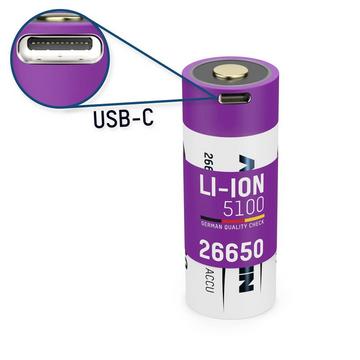 Batterie Li-Ion 26650 5100 mAh avec prise de charge USB type C