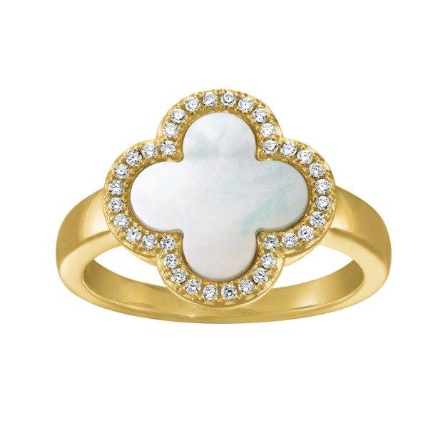 Image of Légende-ring Mit Kleeblatt-perlmutt, Goldsilber Und Zirkoniumoxiden Damen Gold 56mm